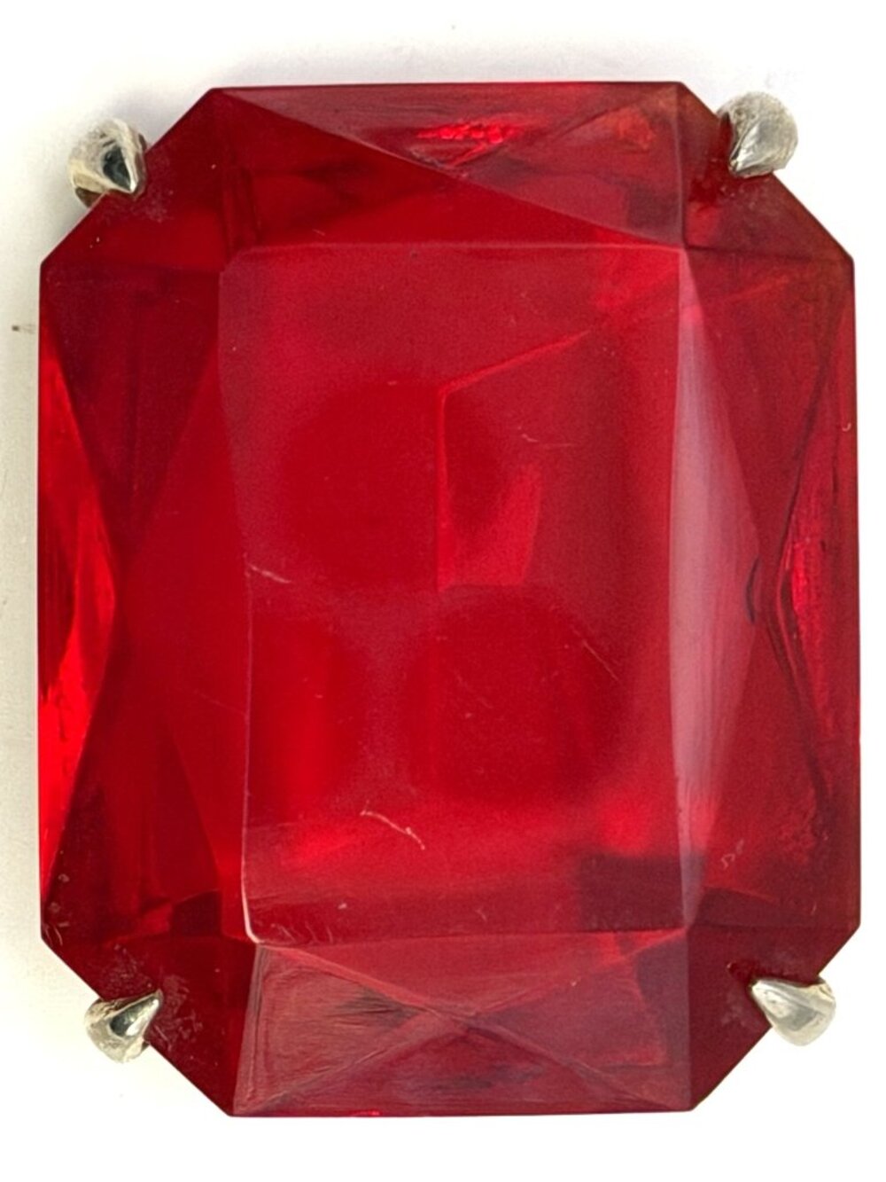 Vintage Ruby Red Glass Brooch Emerald Cut Statement Prong Set Large